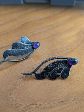 Vintage Sterling Silver Wing Ear Climber Crawler Stud Earrings with Purple Stone